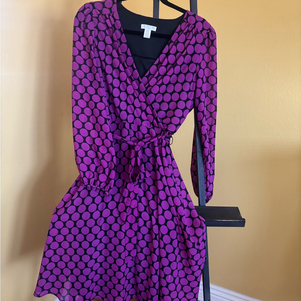 London Times Purple Polka Dot Long Sleeve Dress